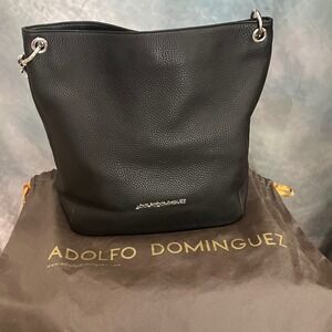 Adolfo Dominguez‎ Black Pebbled Leather Hobo Shoulder Bag Silver Hardware